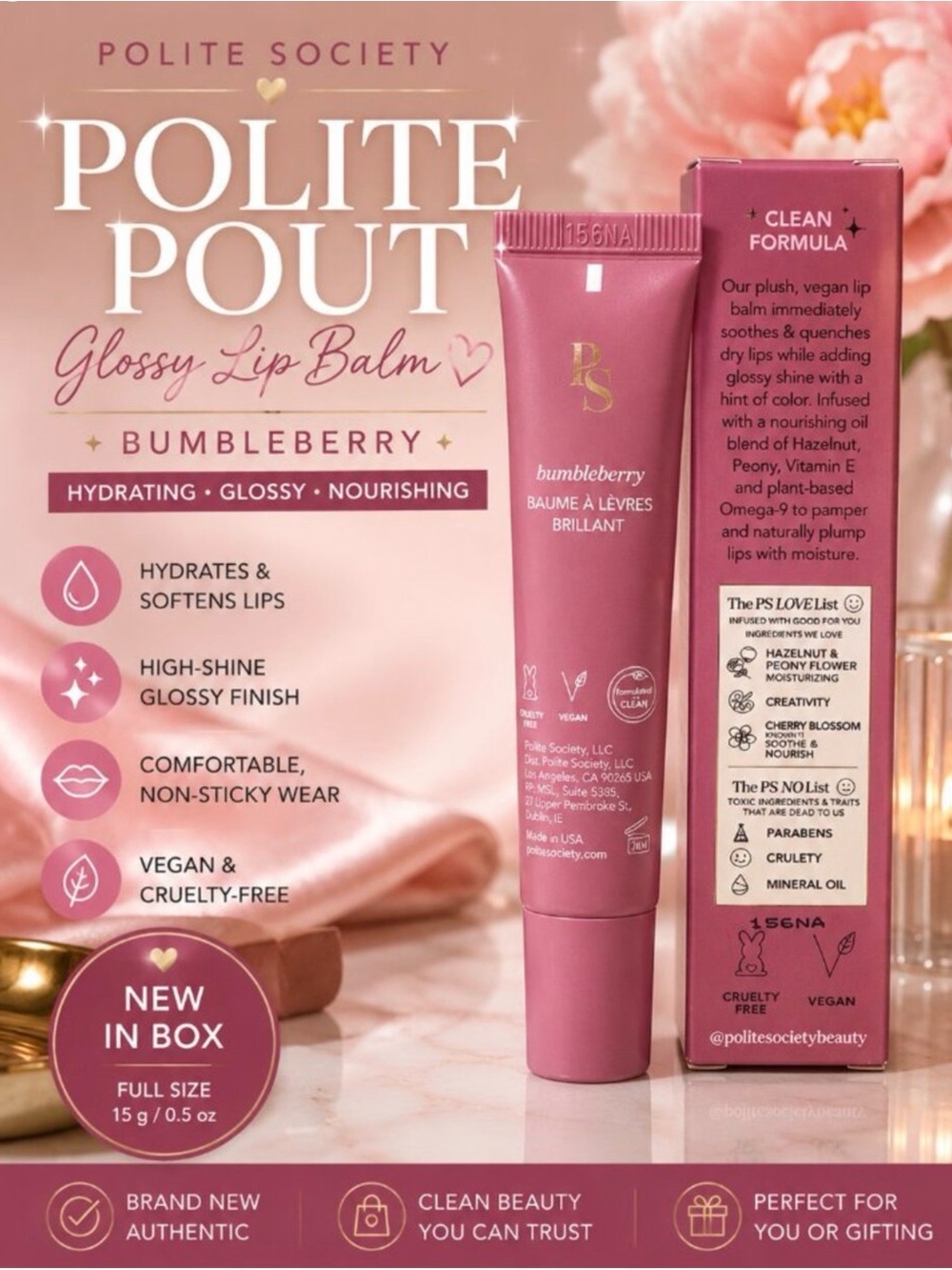 Polite Society Pout Glossy Lip Balm in Bumbleberry (violet Pink) NEW!